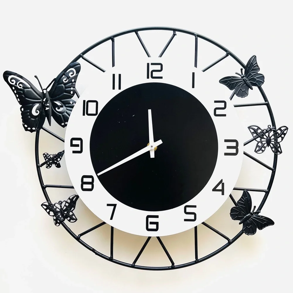 Black And White Metal Wall Clock With Butterfly Design Home Decor 13.5” Diameter